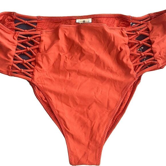 High waisted Volcom Simply Solid Retro, rust cutout bathing suit bottom - Picture 1 of 9